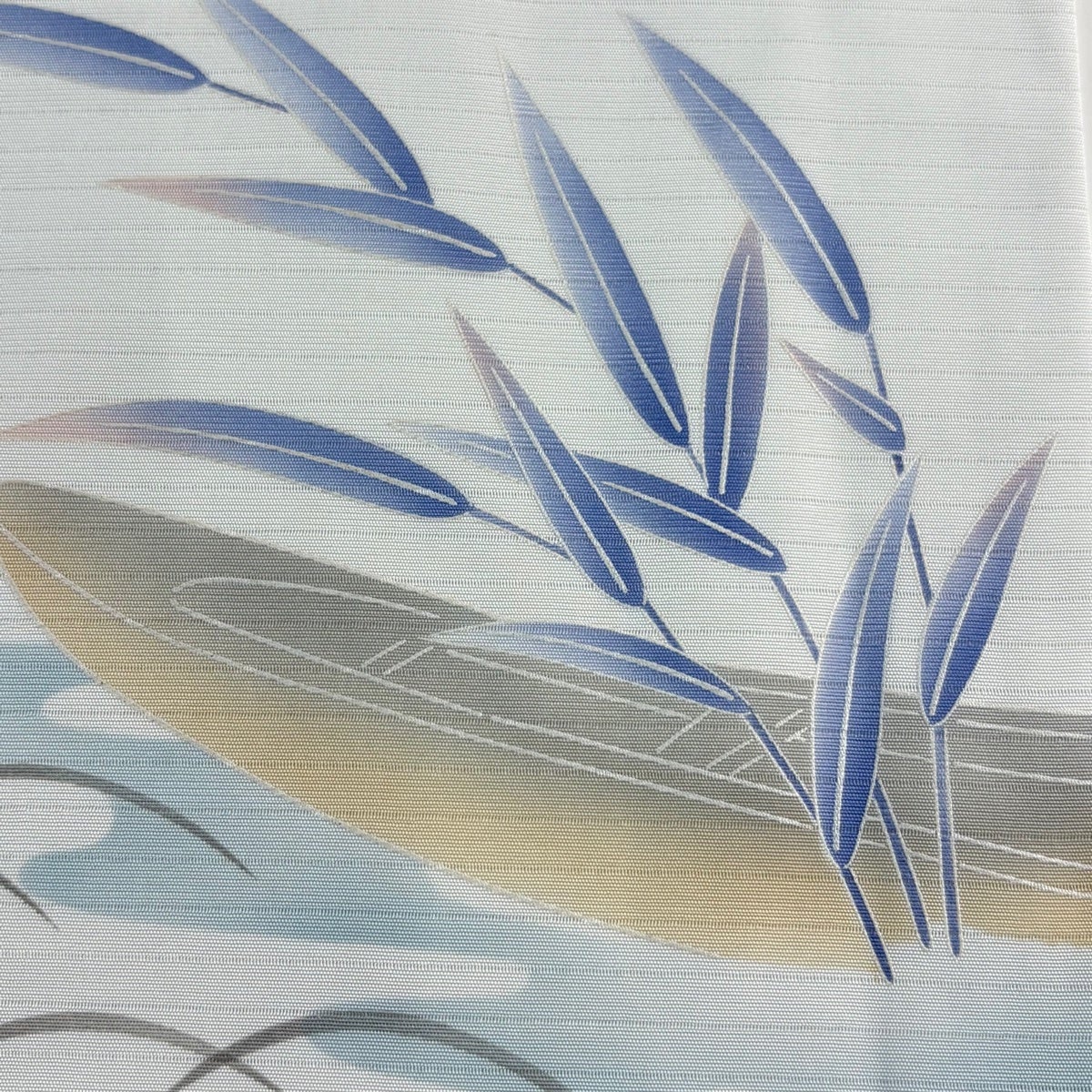 美品】 名古屋帯 秀品 落款あり 夏帯 絽 舟 笹 銀彩 白 正絹｜中古