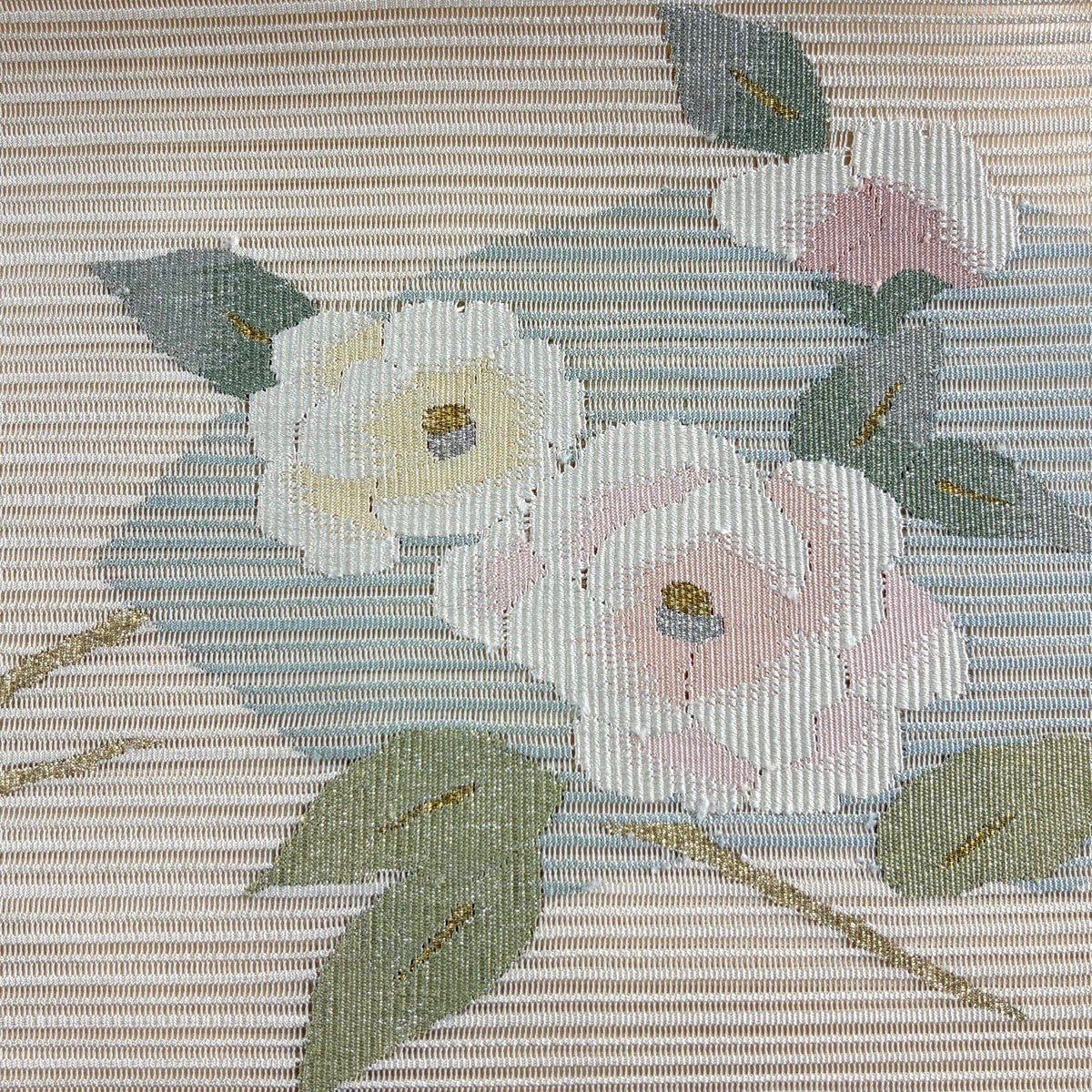 美品】 名古屋帯 秀品 夏帯 絽 枝花 金銀糸 ベージュ 正絹｜中古・古着