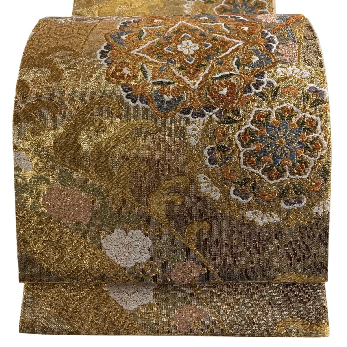 美品】 袋帯 秀品 華文 七宝 箔 金糸 金色 六通 正絹｜中古・古着