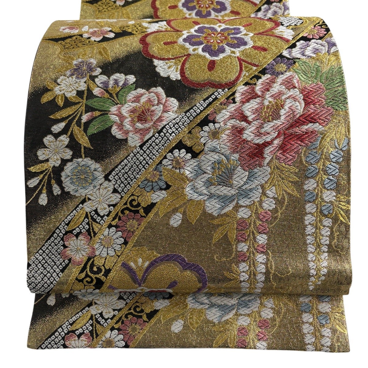 袋帯 秀品 振袖向き 鳳凰 桜 金糸 唐織 金色 六通 正絹｜中古・古着