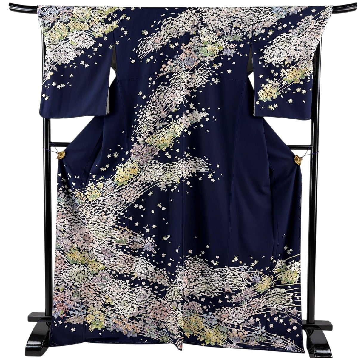 美品】 訪問着 身丈171cm 裄丈70cm L 袷 桜 草花 紺色 正絹 逸品｜中古
