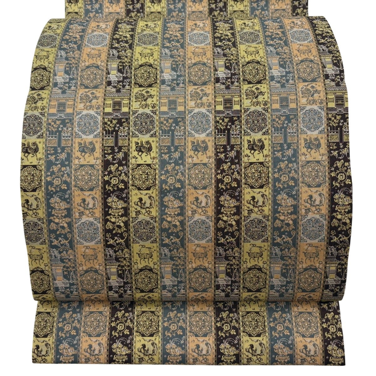 丸帯 逸品 落款あり 龍村平蔵模 共箱有 細川裂孔雀いちご 刺繍 茶色 全