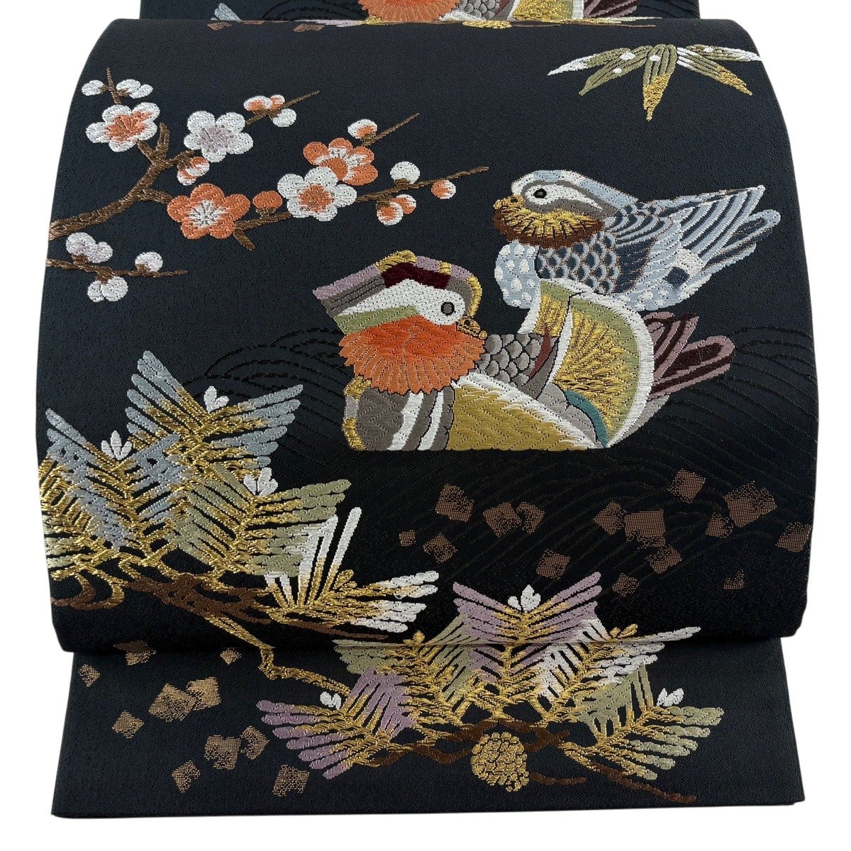 美品】 開き名古屋帯 逸品 人間国宝 羽田登喜男 落款あり 鴛鴦 草花