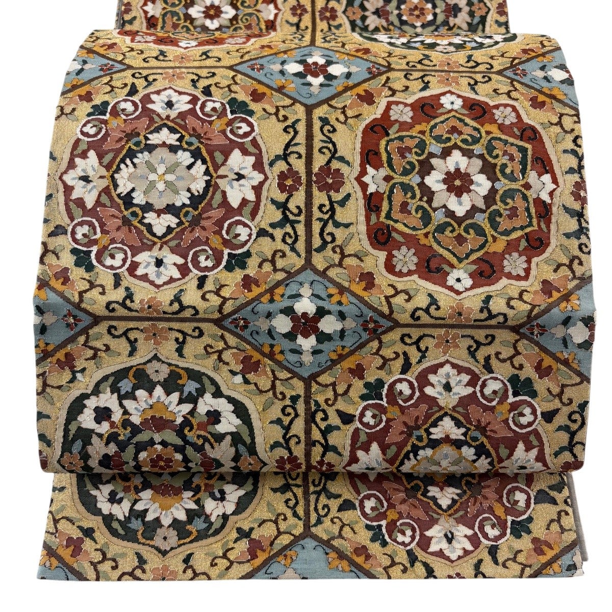 美品】袋帯 逸品 明綴れ 華文 花唐草 金糸 金色 全通 正絹｜中古・古着