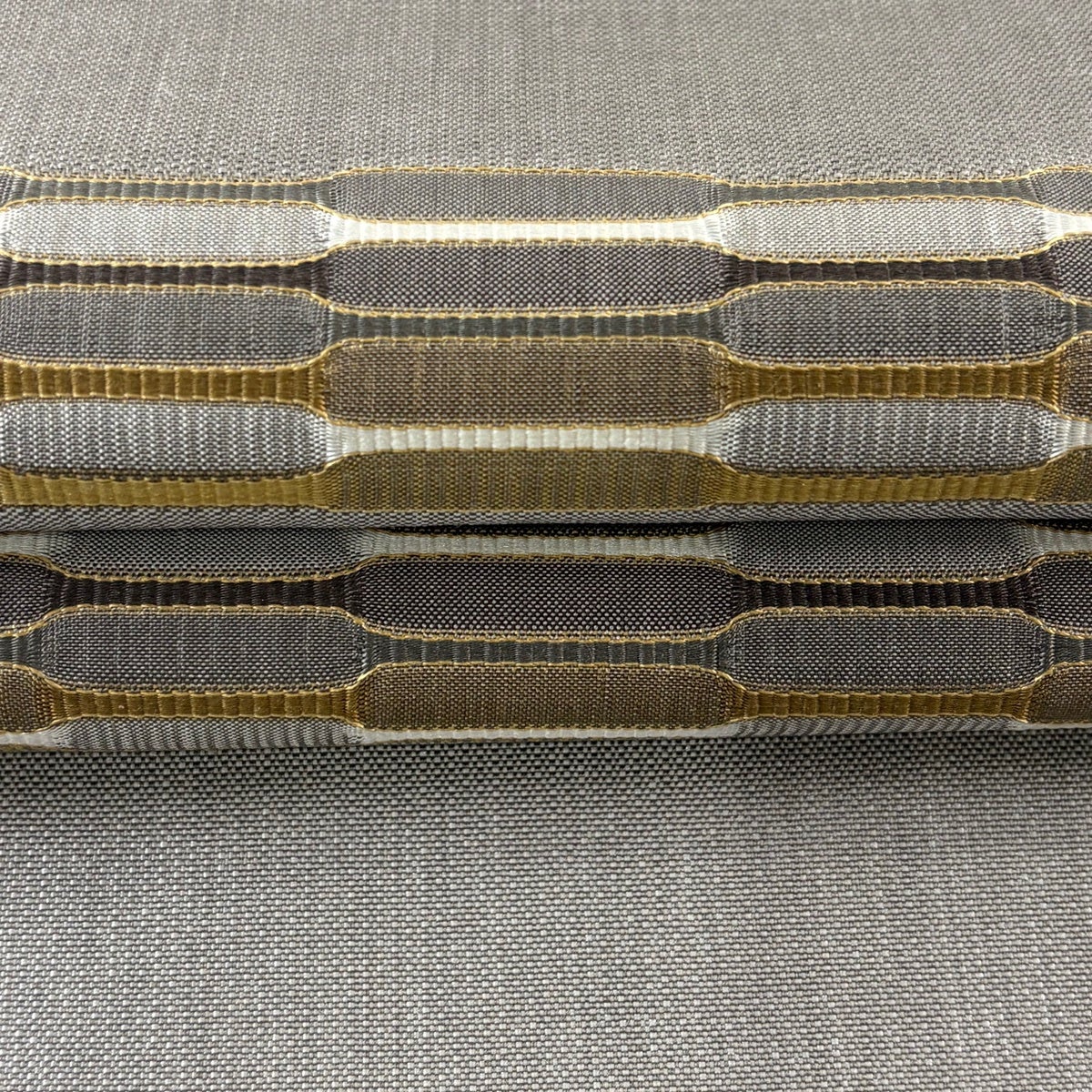 名古屋帯 逸品 藤山千春 吉野間道 段縞 幾何学 灰茶 正絹｜中古・古着