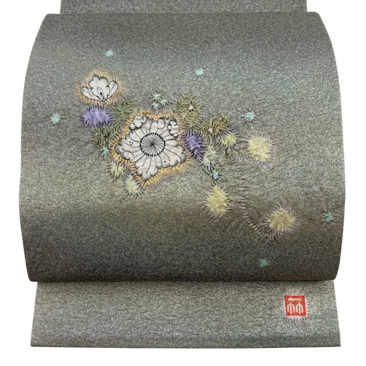 袋帯 名品 辻が花 幾何学模様 金通し サーモンピンク お太鼓柄 正絹