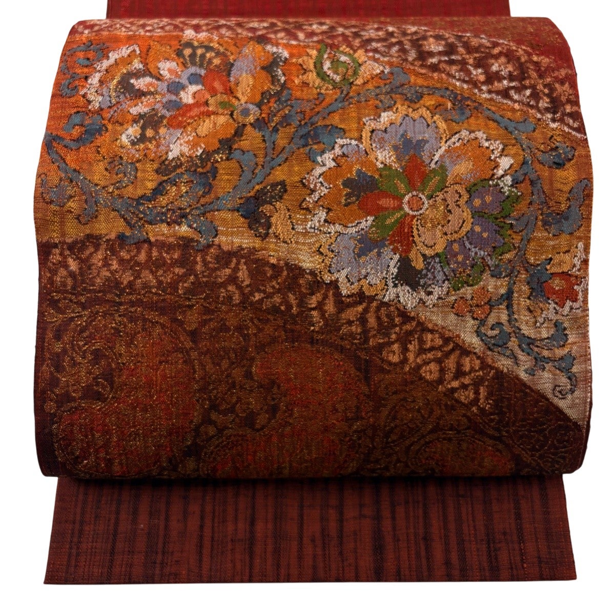 【美品】袋帯華文・正倉院花文　相良刺繍　お太鼓柄　正絹　中古 袋帯 名品 華文 花唐草 刺繍 金糸 茶色 お太鼓柄 正絹｜中古・古着