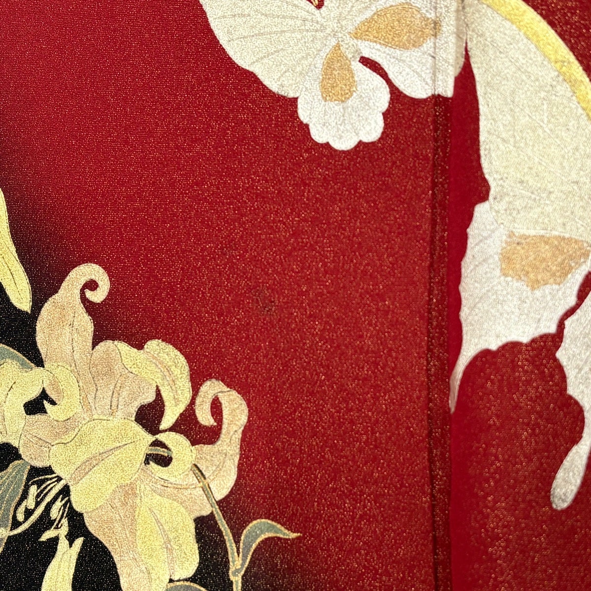 振袖 身丈167.5cm 裄丈69.5cm L 袷 蝶 薔薇 金通し 金銀彩 赤 正絹