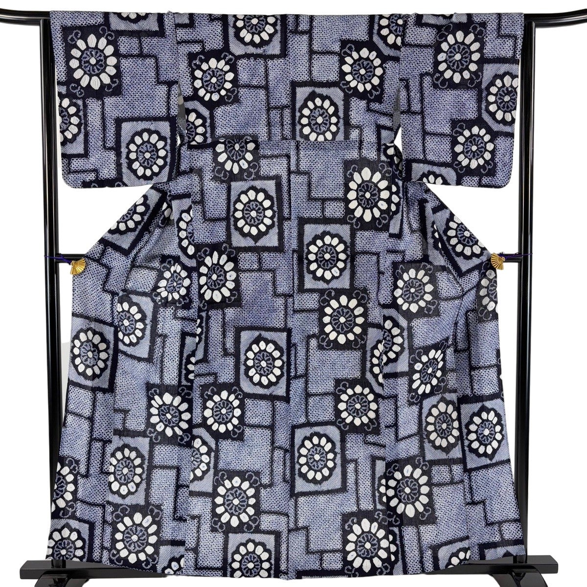 美品】 浴衣 身丈157cm 裄丈63cm S 絞り浴衣 花扇 流水 濃紺 綿 名品