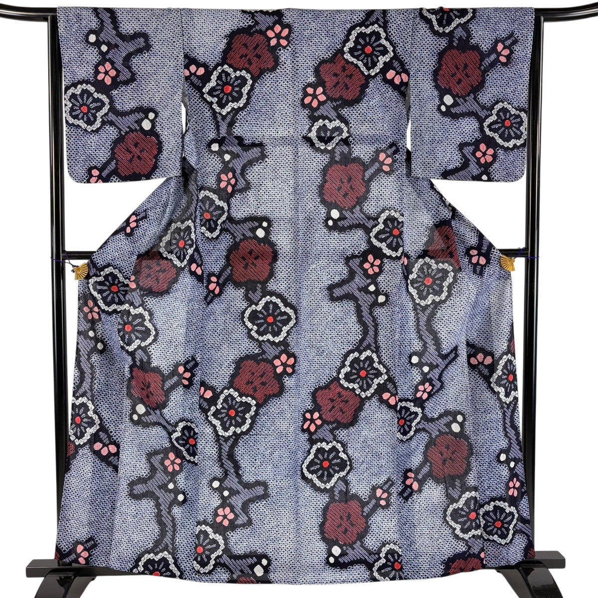 浴衣 身丈162cm 裄丈64cm M 絞り浴衣 枝梅 紺色 綿 名品｜中古・古着