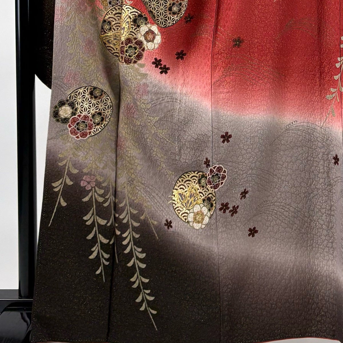 振袖 身丈164cm 裄丈66cm M 袷 蝶 梅 金通し 金彩 茜色 正絹 名品