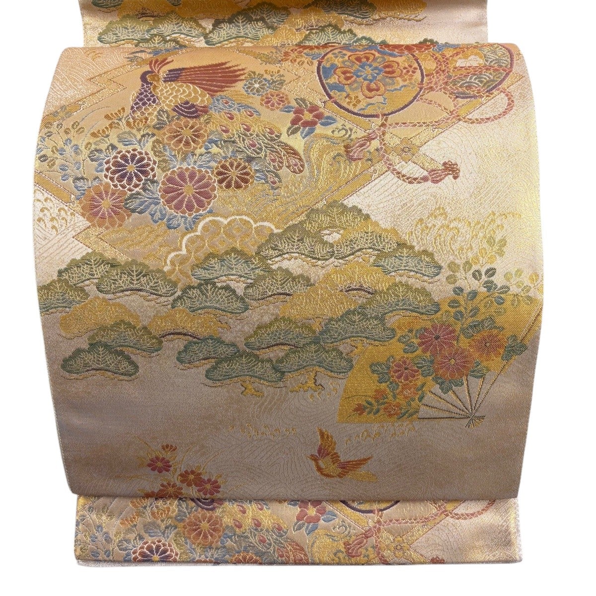 【中古美品】 高級 正絹 本金宝寿 六通 袋帯 御所車 袋帯 秀品 鼓 花鳥 箔 金糸 金色 六通 正絹｜中古・古着・リサイクル