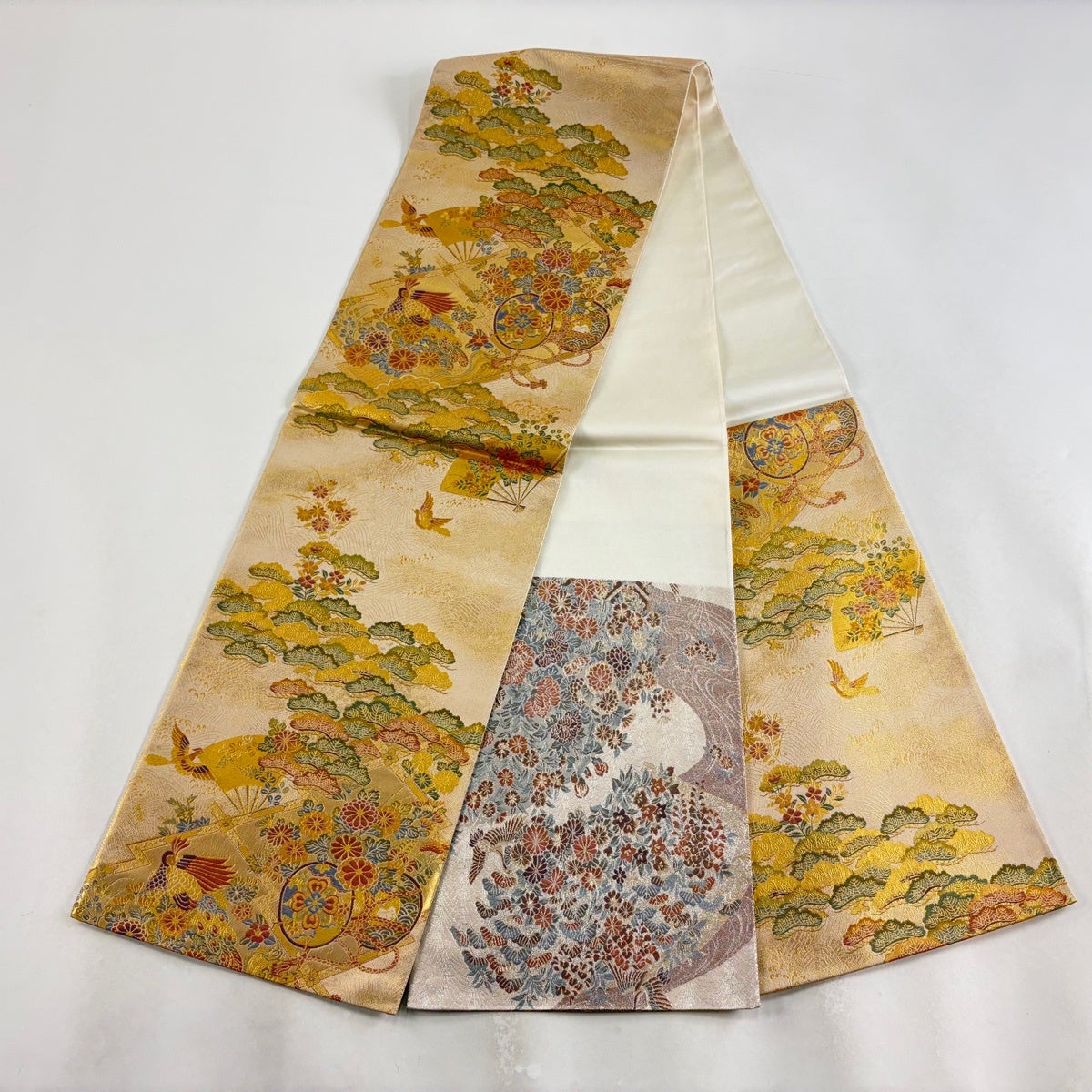 50%OFF 袋帯 秀品 鼓 花鳥 箔 金糸 金色 六通 正絹 K50｜中古・古着