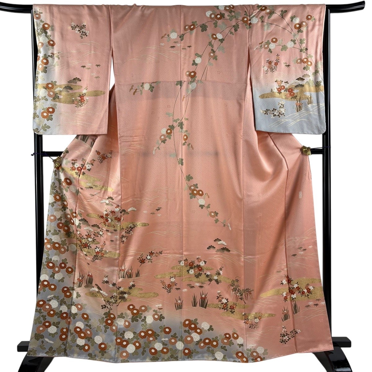 訪問着 身丈163cm 裄丈65cm M 袷 吾妻徳穂 落款あり 菊 霞 金糸 金彩