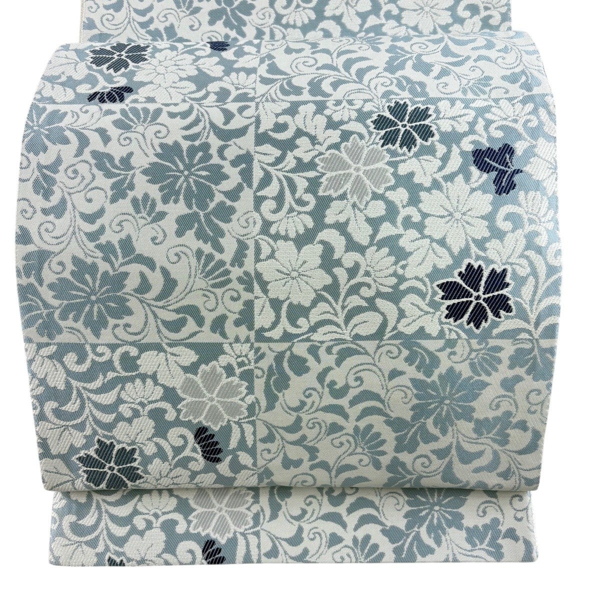 美品】 袋帯 名品 花唐草 市松 水色 六通 正絹｜中古・古着