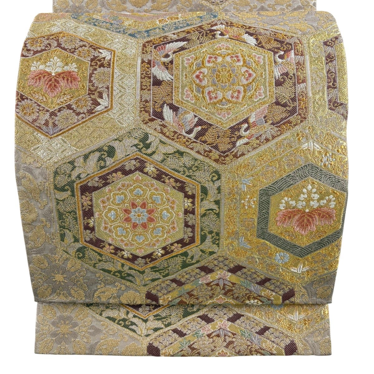 美品】 袋帯 名品 輪奈織 亀甲 華文 金糸 箔 金色 六通 正絹｜中古