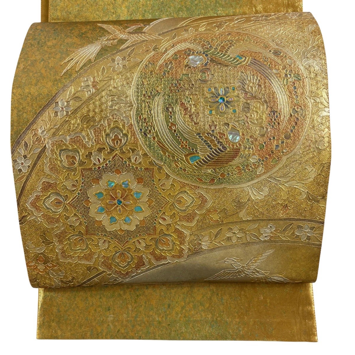 袋帯 名品 鳳凰 華文 螺鈿 金彩 金色 お太鼓柄 正絹｜中古・古着