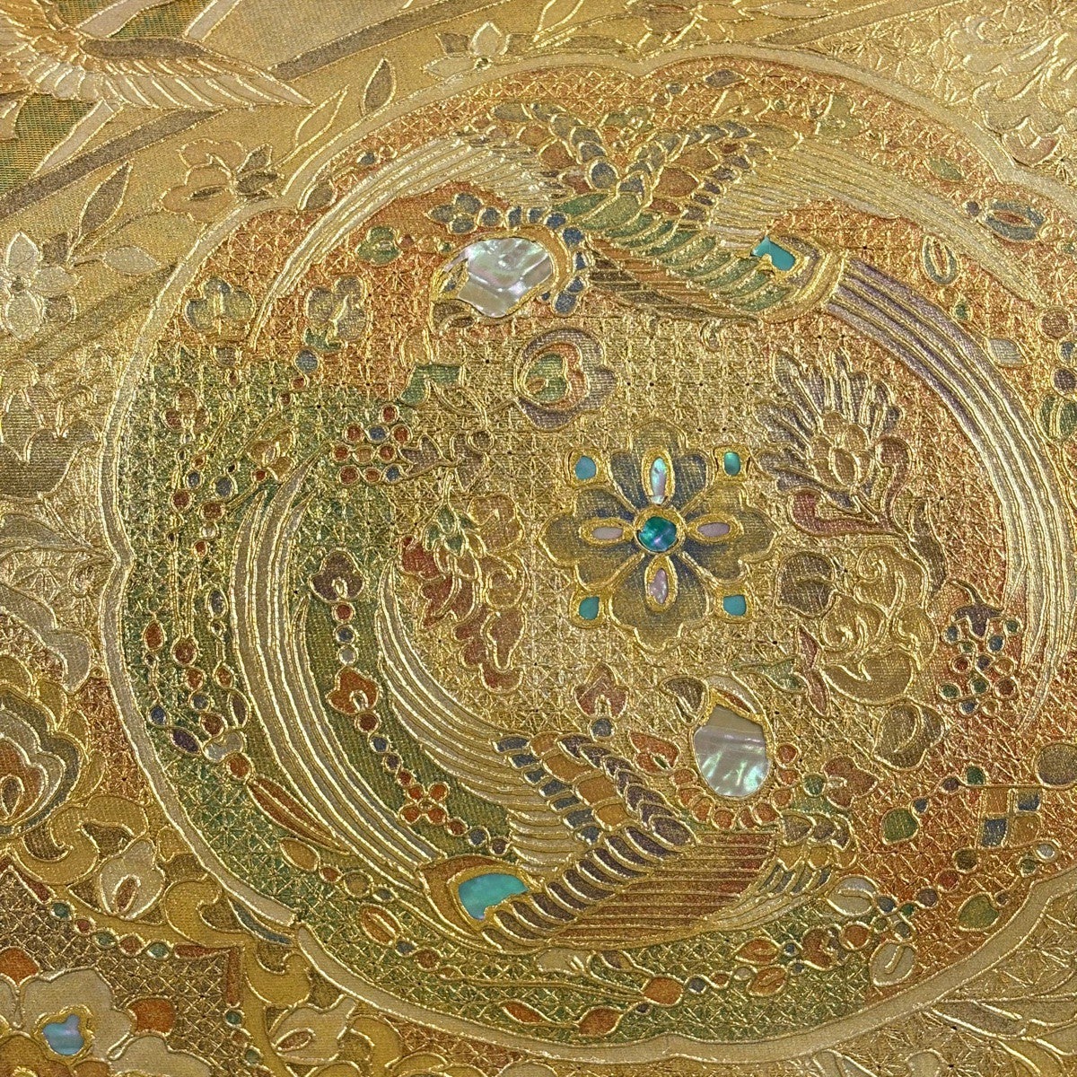 袋帯 名品 鳳凰 華文 螺鈿 金彩 金色 お太鼓柄 正絹｜中古・古着