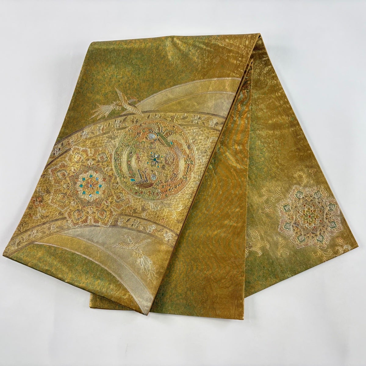 【美品】袋帯 螺鈿 宝相華 金色 お太鼓柄 袋帯 名品 鳳凰 華文 螺鈿 金彩 金色 お太鼓柄 正絹｜中古・古着
