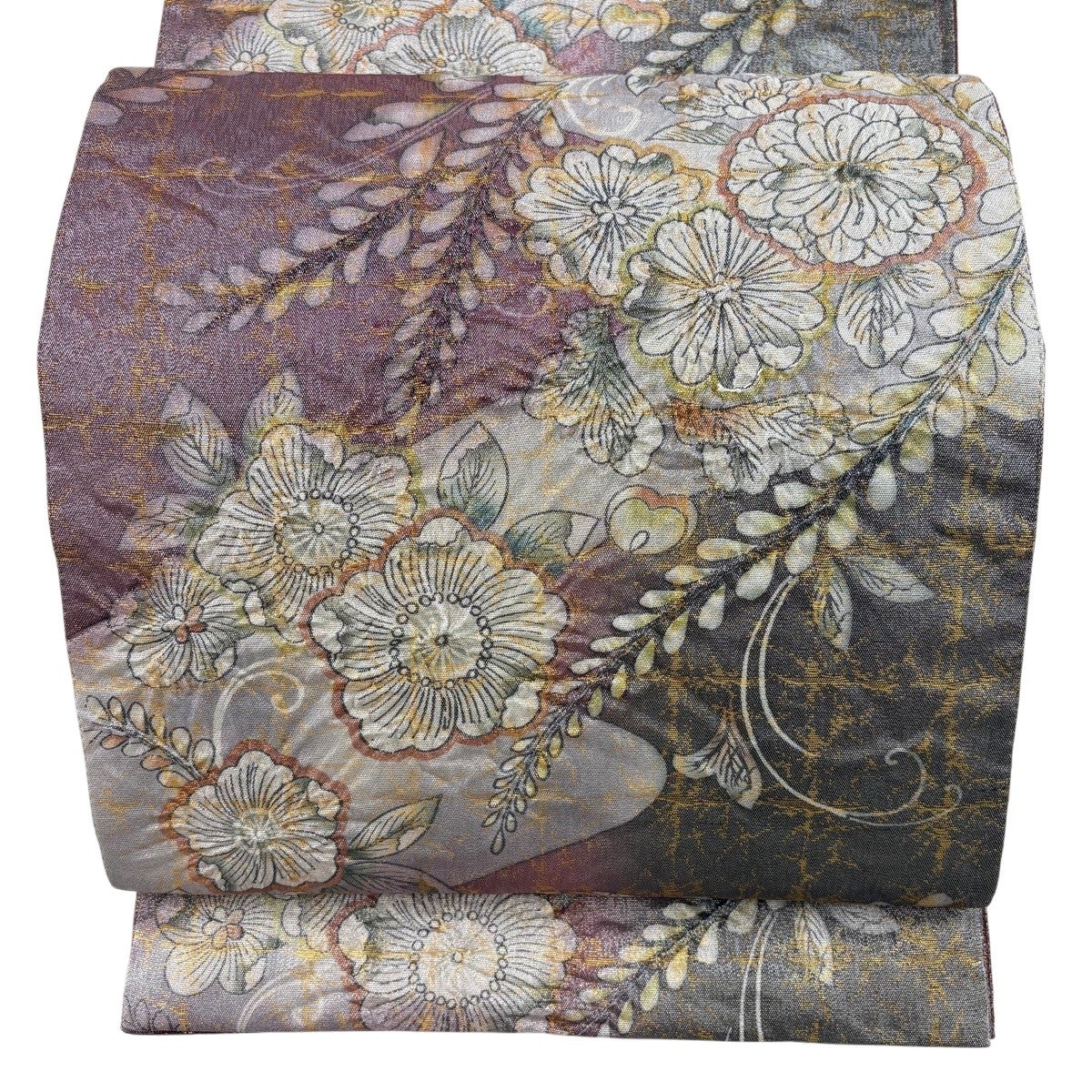 美品】 袋帯 名品 辻が花 格子 銀糸 箔 灰紫 六通 正絹｜中古・古着
