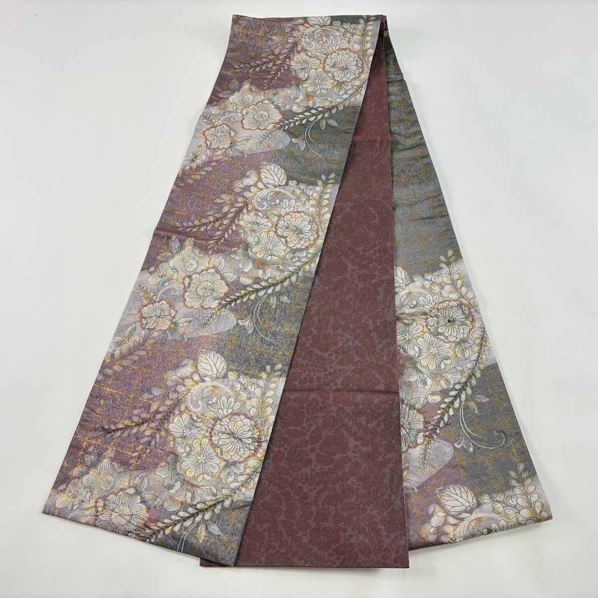 美品】 袋帯 名品 辻が花 格子 銀糸 箔 灰紫 六通 正絹｜中古・古着