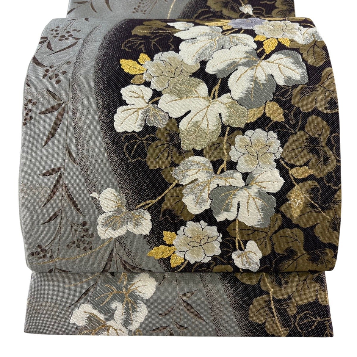 袋帯 名品 やまと 草花 金銀糸 箔 灰紫 六通 正絹｜中古・古着
