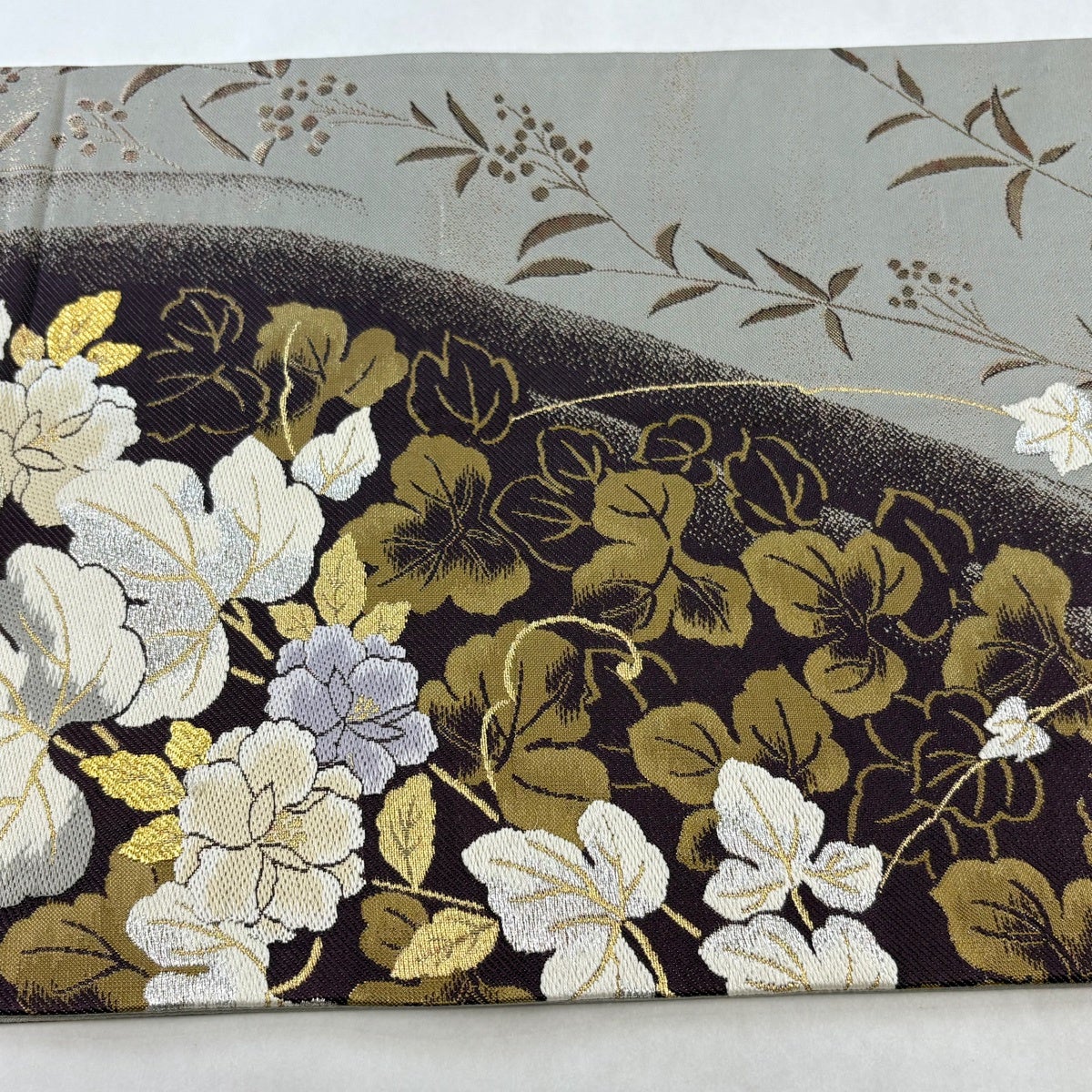 袋帯 名品 やまと 草花 金銀糸 箔 灰紫 六通 正絹｜中古・古着