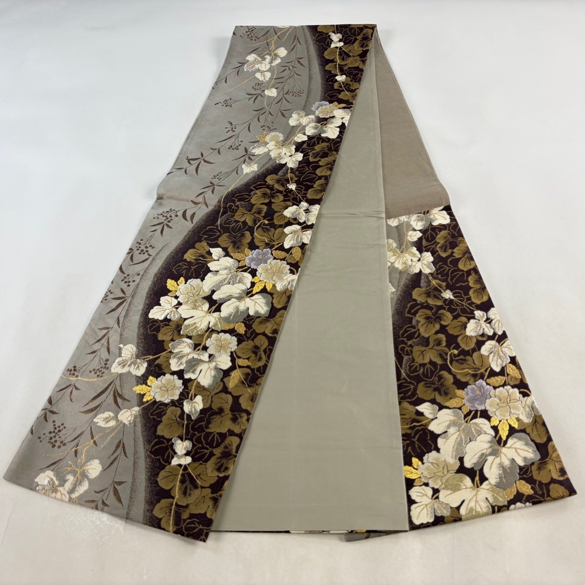 袋帯 名品 やまと 草花 金銀糸 箔 灰紫 六通 正絹｜中古・古着