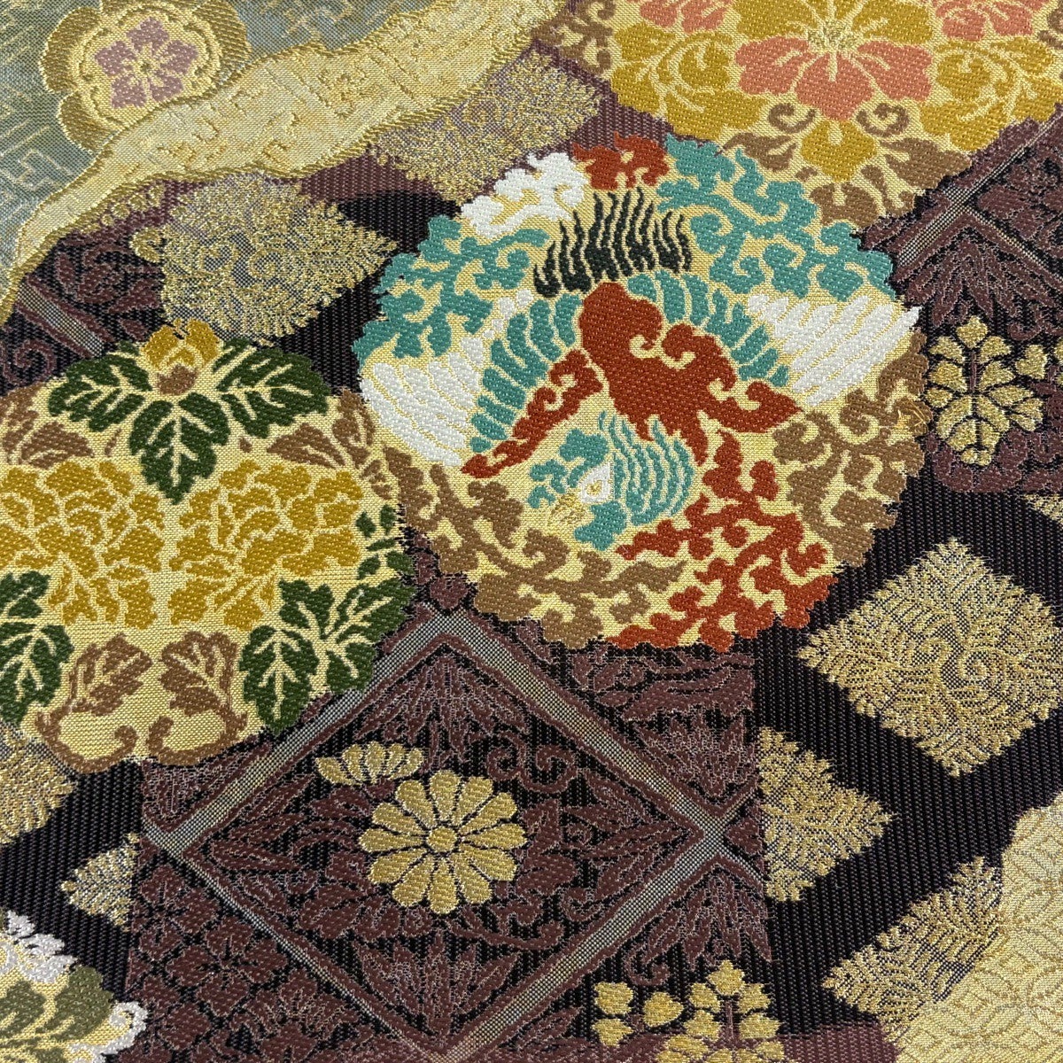袋帯 名品 花鳥 道長取有職文 金糸 箔 金色 お太鼓柄 正絹｜中古・古着