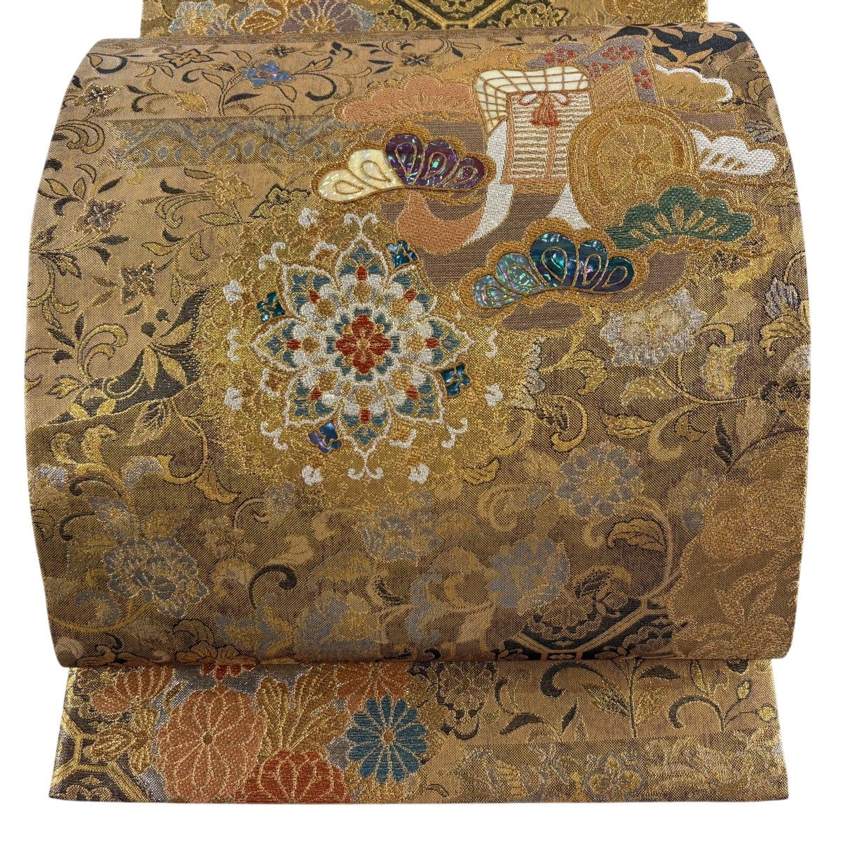 袋帯 名品 御所車 花唐草 螺鈿 箔 金茶 お太鼓柄 正絹｜中古・古着