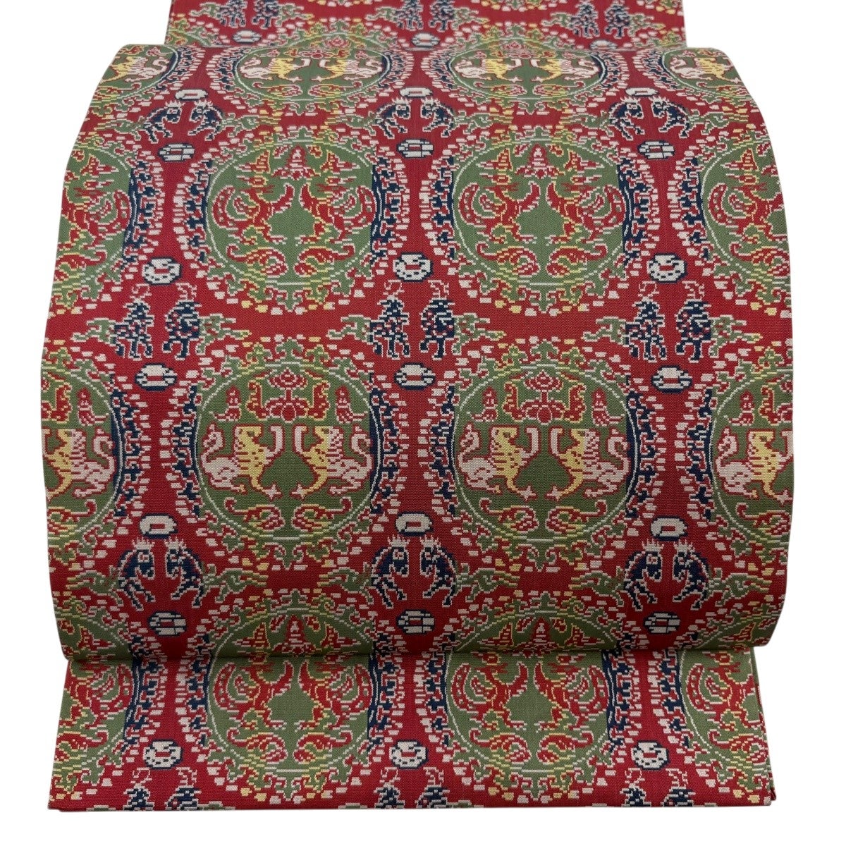 美品】 開き名古屋帯 名品 龍村美術織物 比翼仕立て 幾何学 金糸 赤