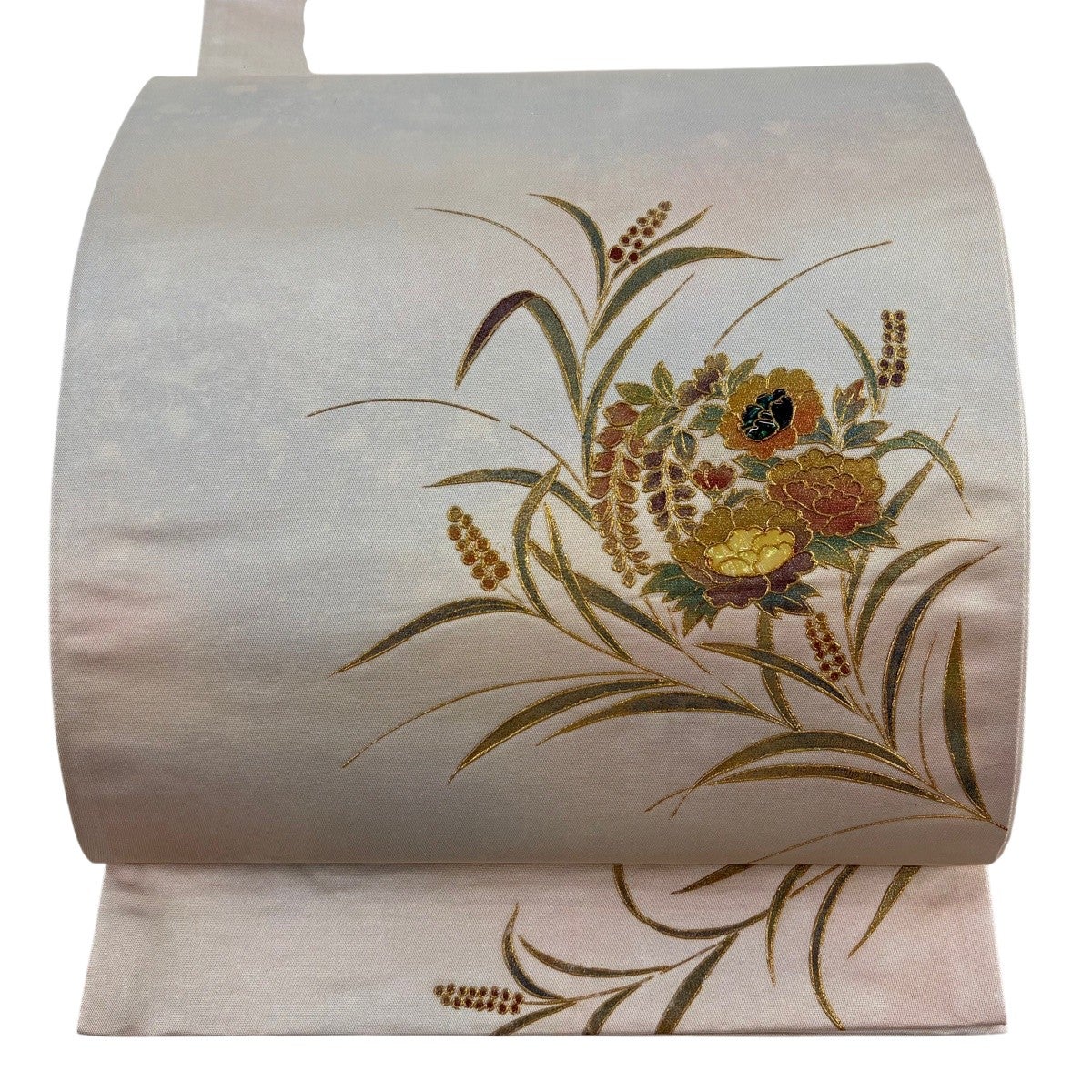 袋帯 名品 草花 螺鈿 金彩 薄ピンク お太鼓柄 正絹｜中古・古着