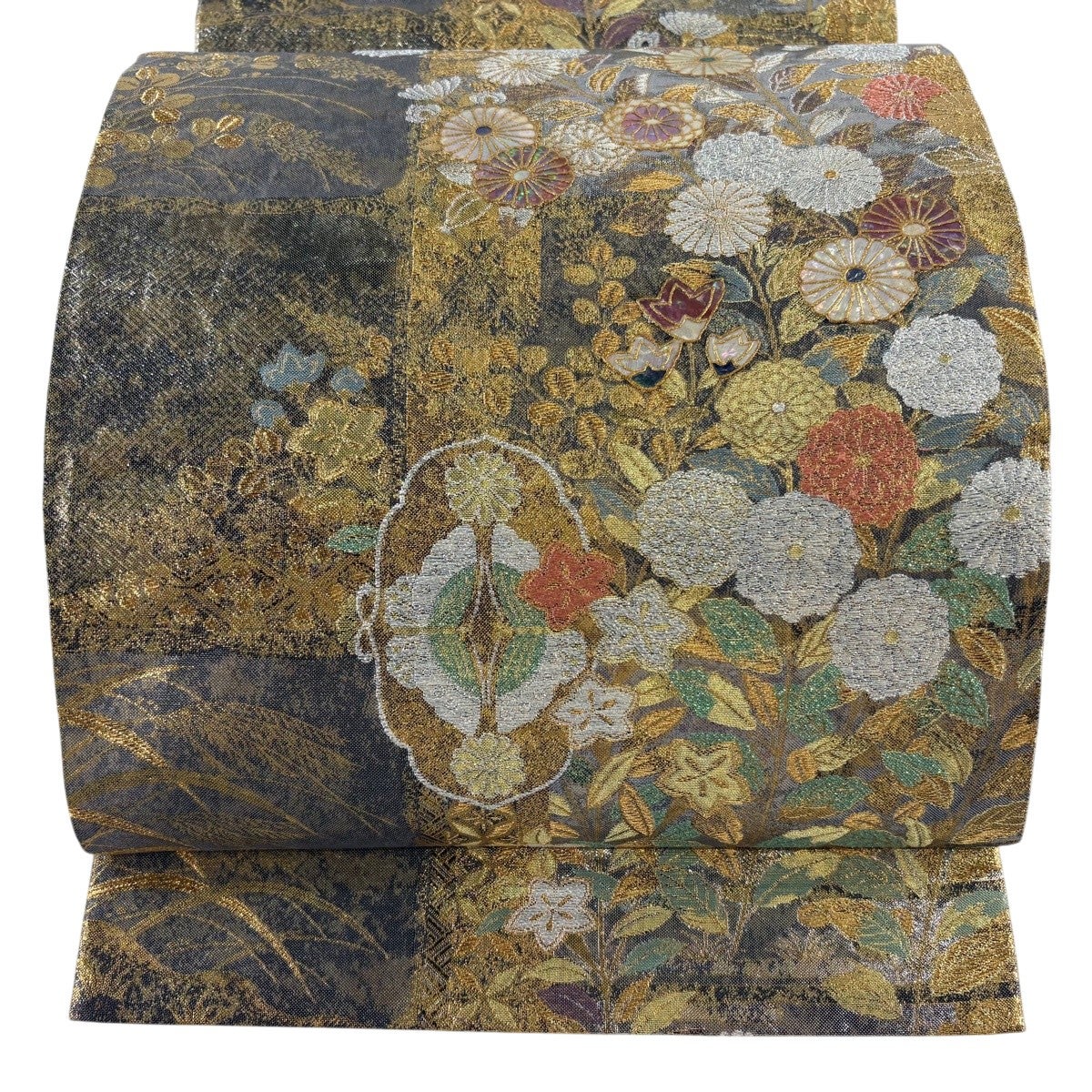 【美品】袋帯　貴秀螺鈿　鯉　お太鼓柄　銀色 美品】 袋帯 名品 草花 向かい蝶 螺鈿 金銀糸 灰色 お太鼓柄 正絹