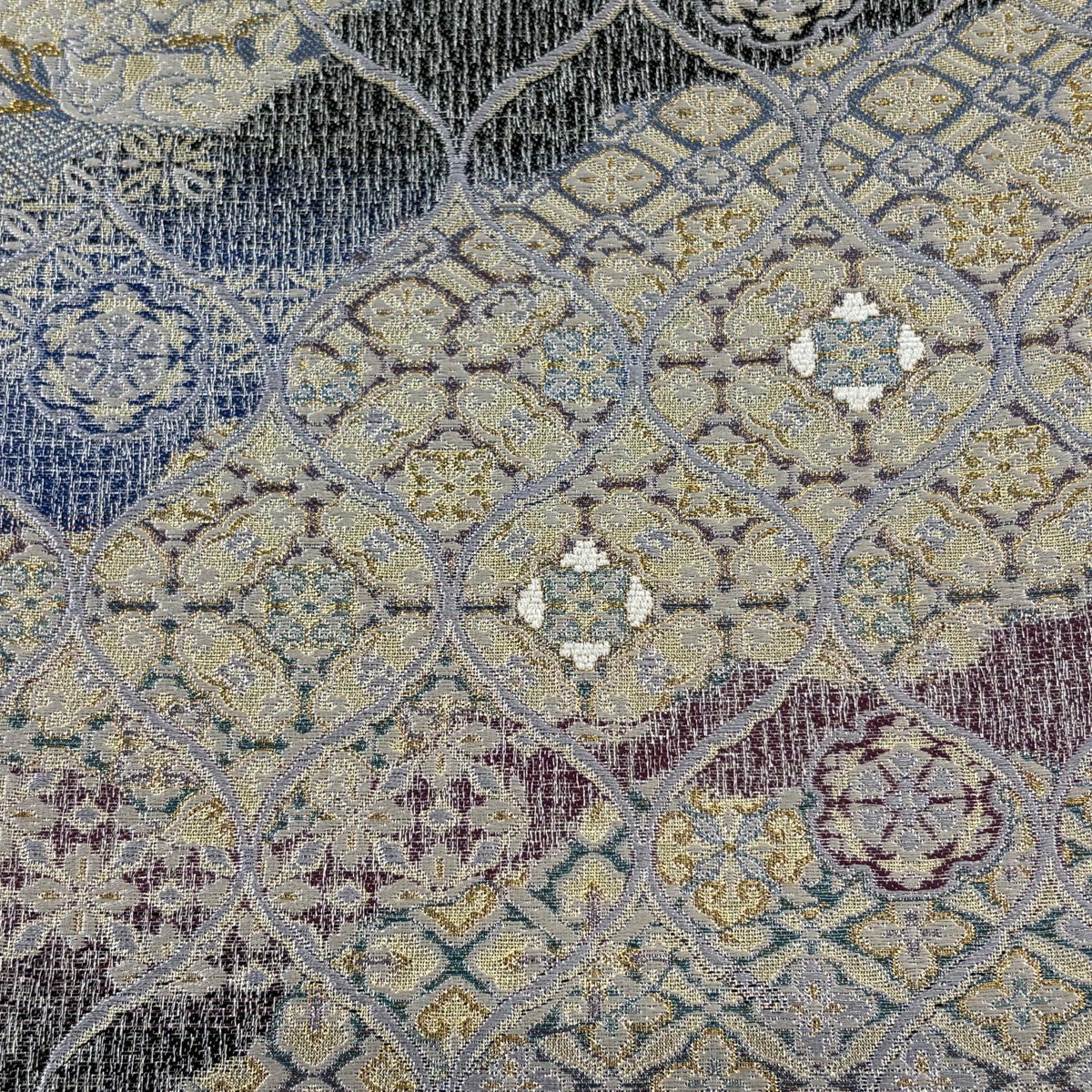 美品】 袋帯 名品 華文 網目文 金銀糸 箔 紫 お太鼓柄 正絹｜中古