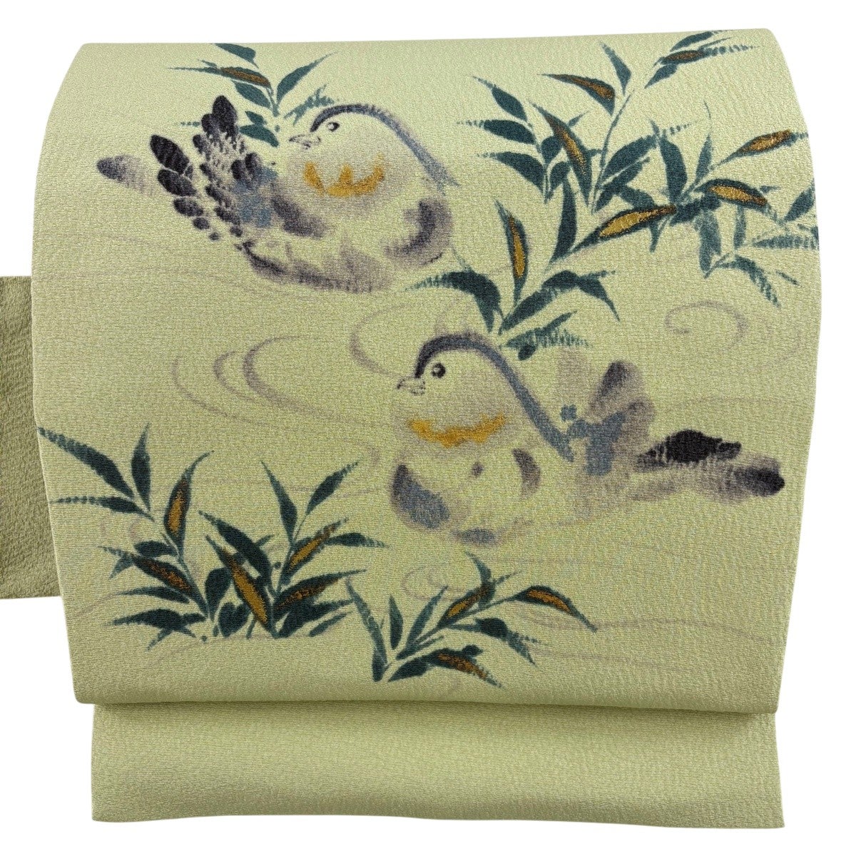 美品】 名古屋帯 名品 落款あり 山科春宣 鴛鴦 葉 金彩 縮緬 抹茶色