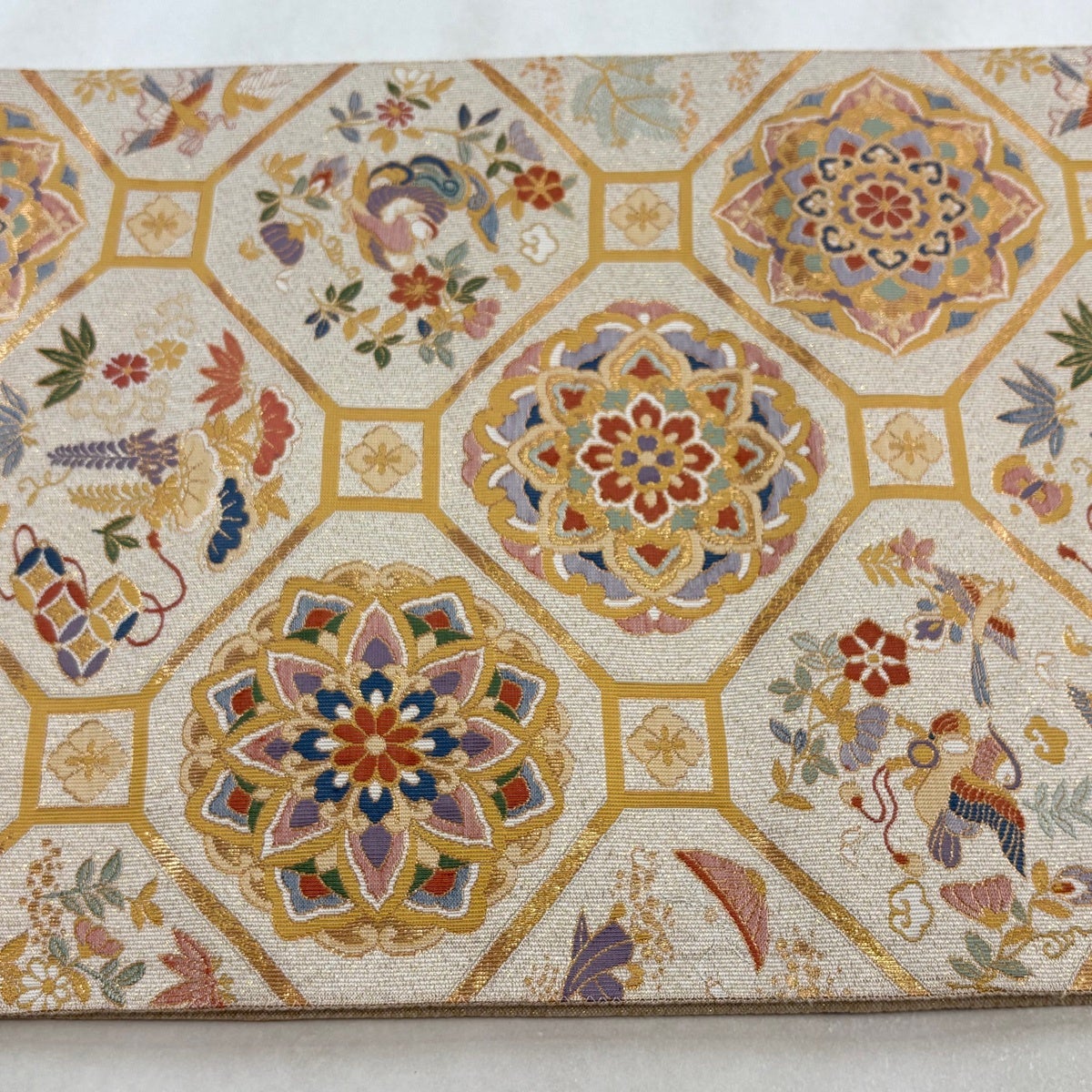 袋帯 名品 蜀江華文 花鳥 箔 金糸 ベージュ 六通 正絹｜中古・古着