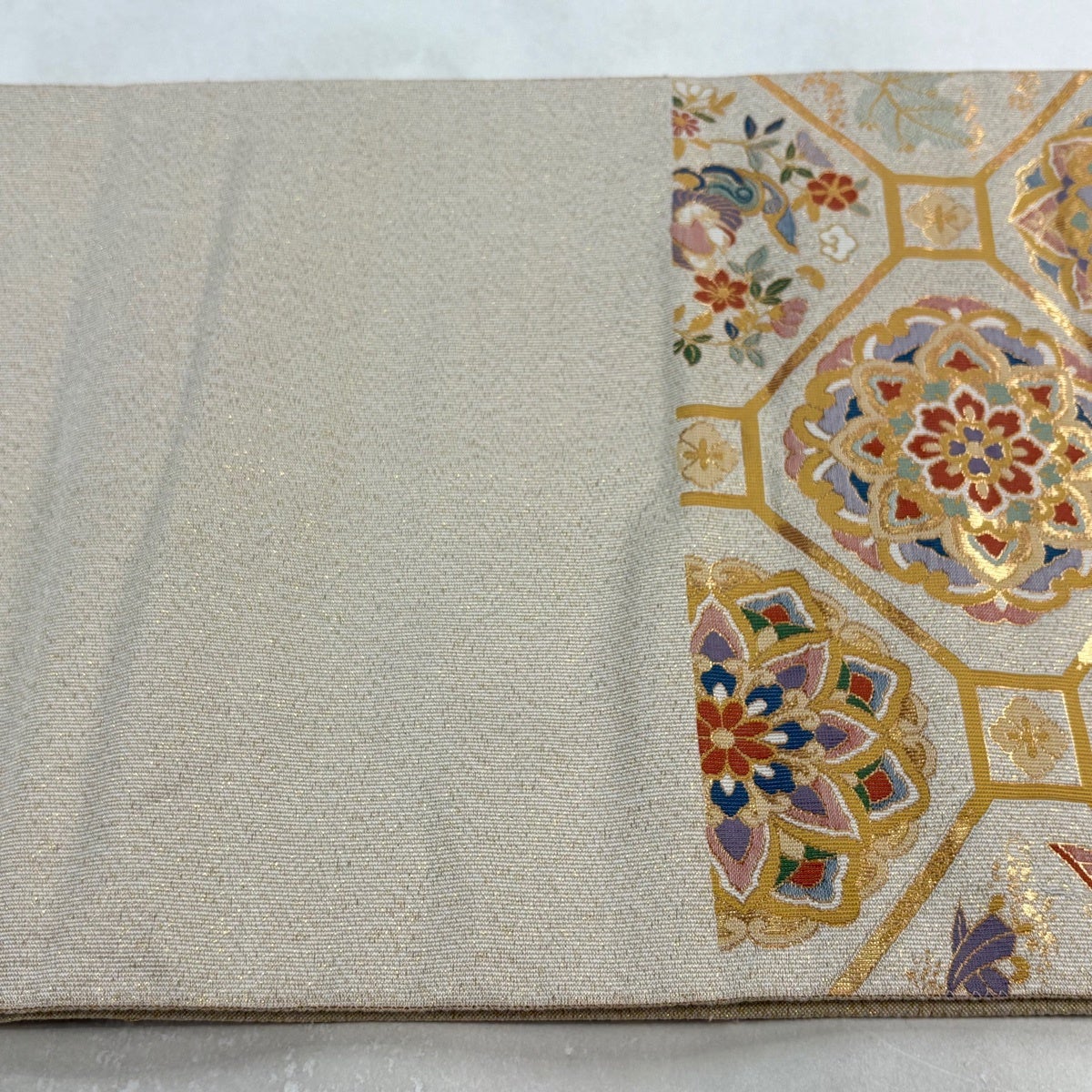袋帯 名品 蜀江華文 花鳥 箔 金糸 ベージュ 六通 正絹｜中古・古着