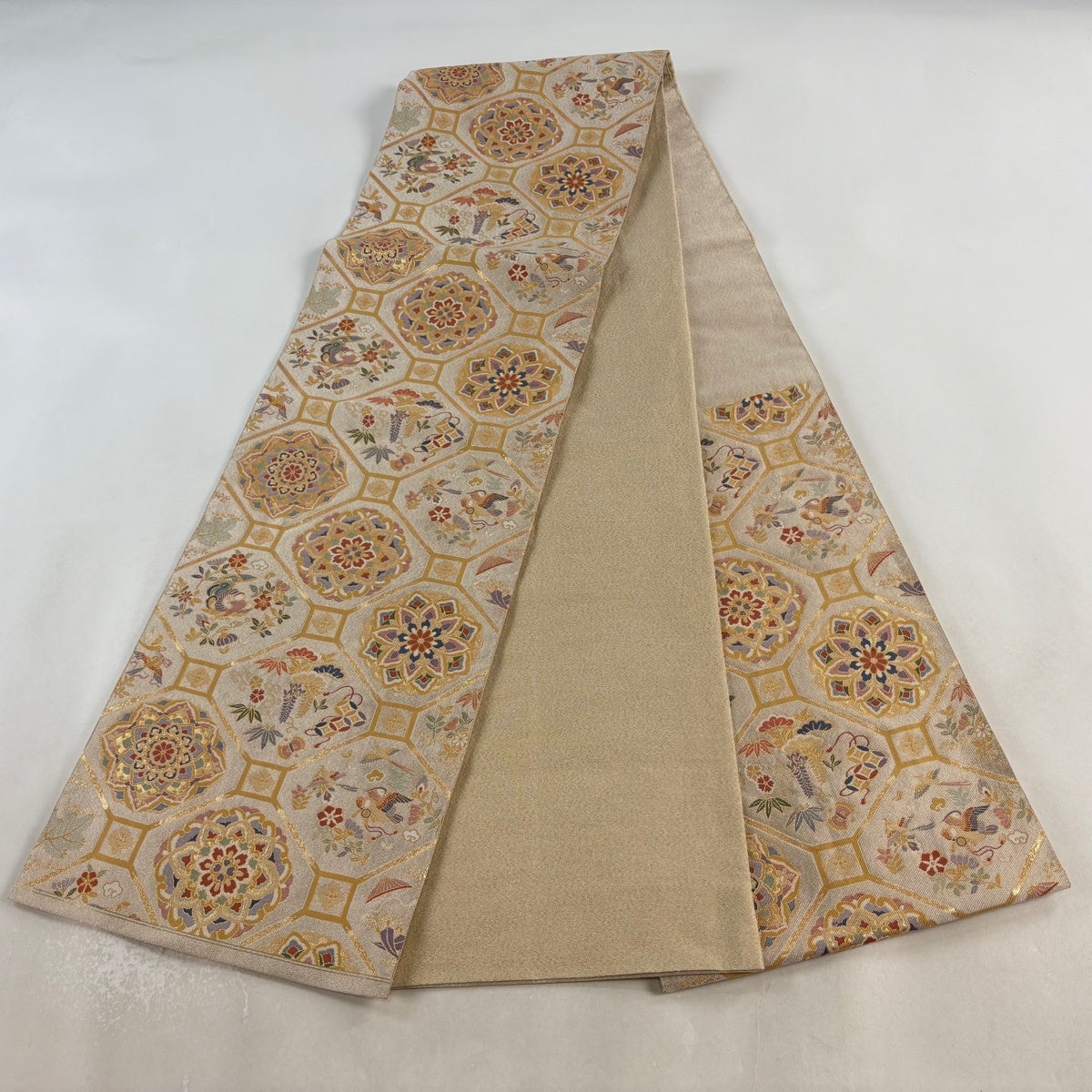 袋帯 名品 蜀江華文 花鳥 箔 金糸 ベージュ 六通 正絹｜中古・古着