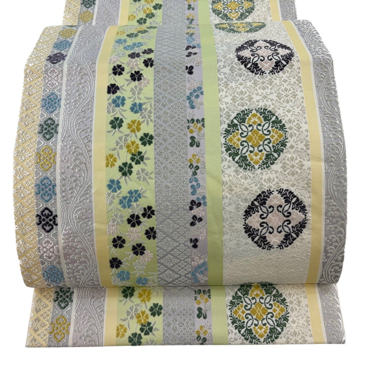 袋帯 名品 平安王朝襲色目 華文 桜 刺繍 灰紫 六通 正絹｜中古・古着