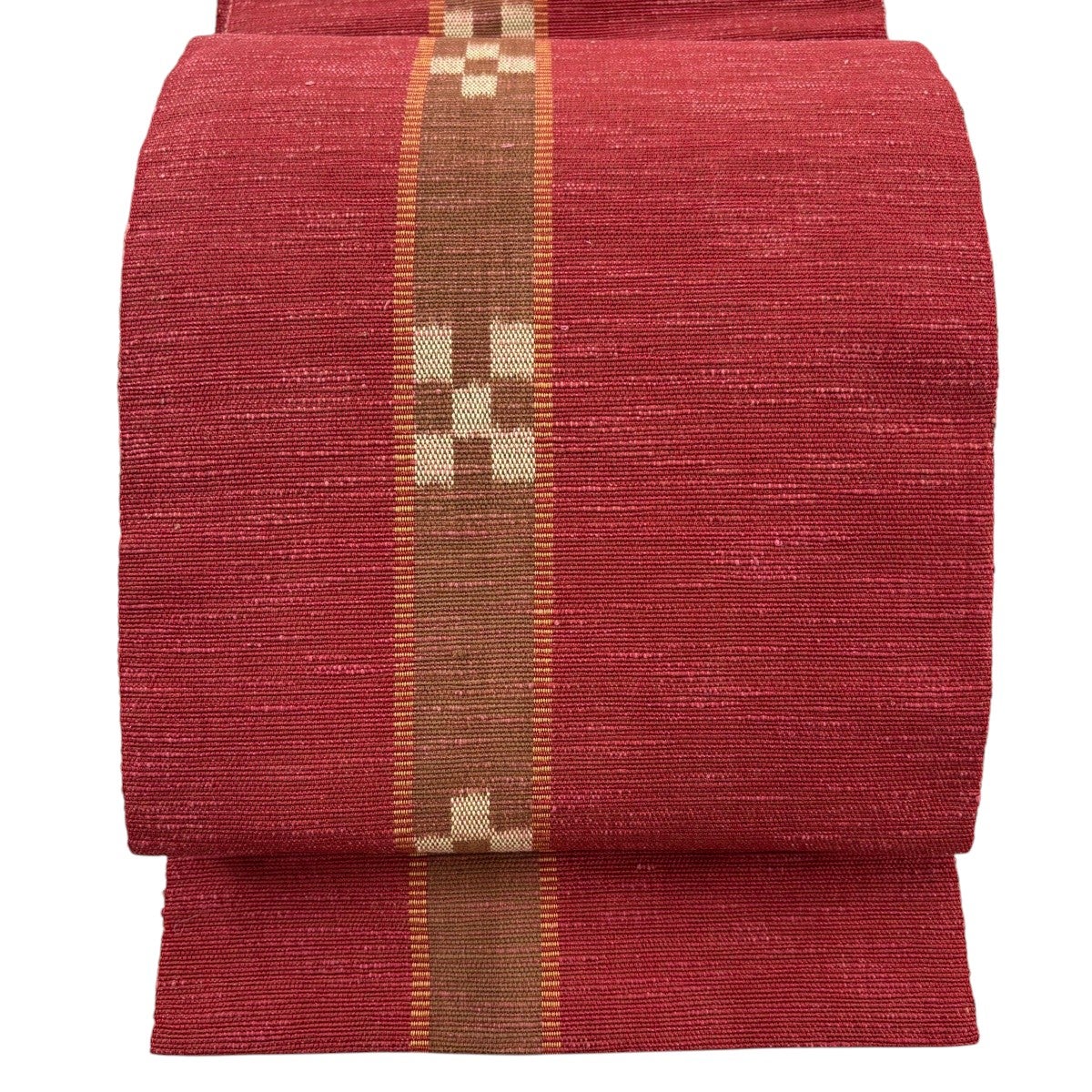 美品】 名古屋帯 優品 紬地 亀甲重ね 切り嵌め 赤 正絹｜中古・古着