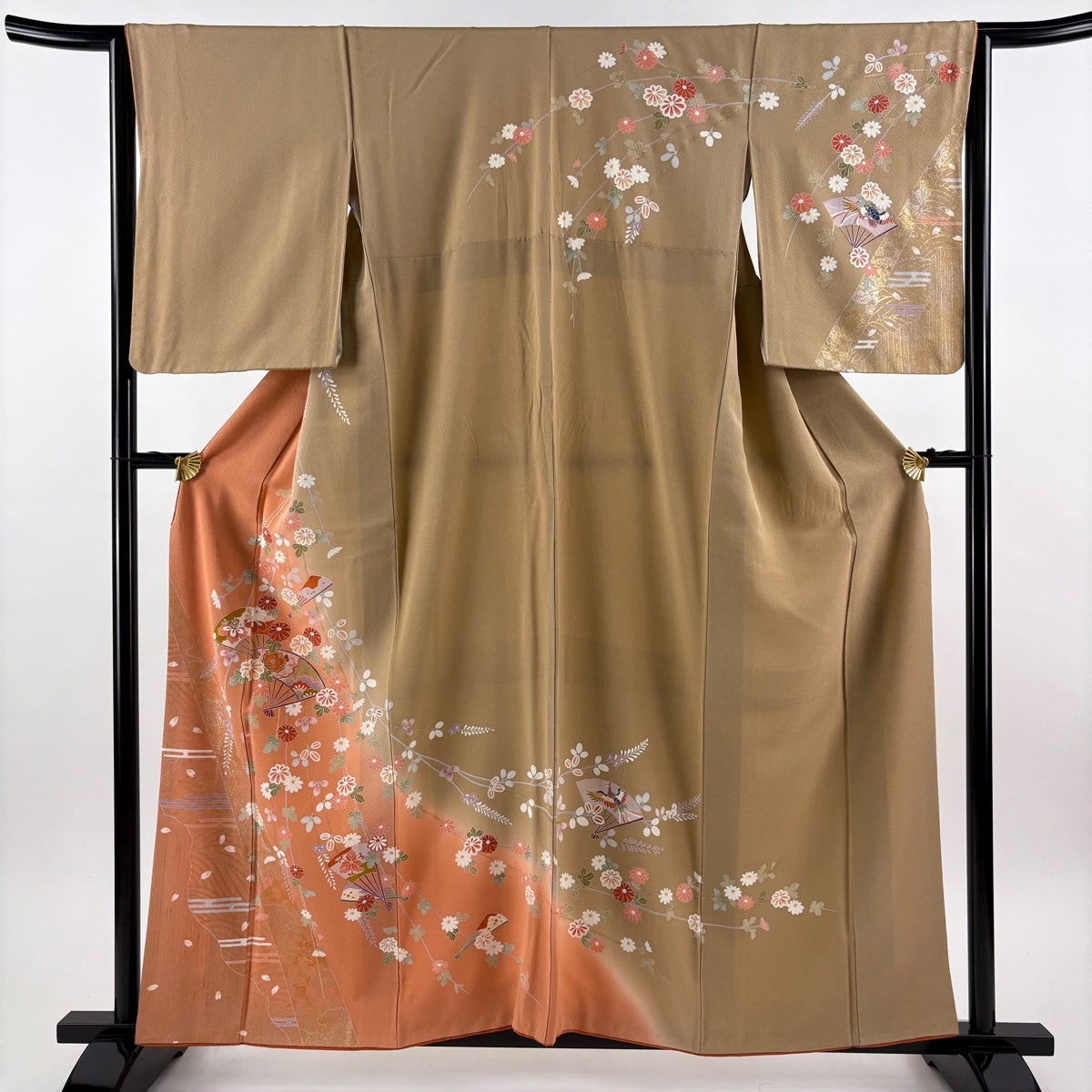 在庫一掃】 付下げ 身丈156cm 裄丈65cm M 袷 扇 萩 刺繍 金銀彩