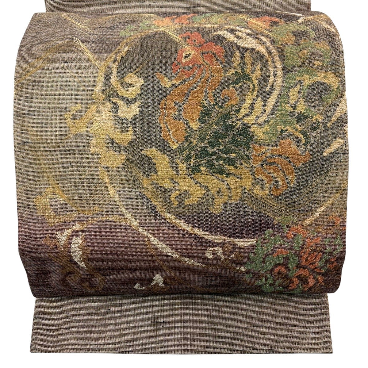 美品】 袋帯 逸品 鳳凰 草花 金糸 箔 小豆色 お太鼓柄 正絹｜中古