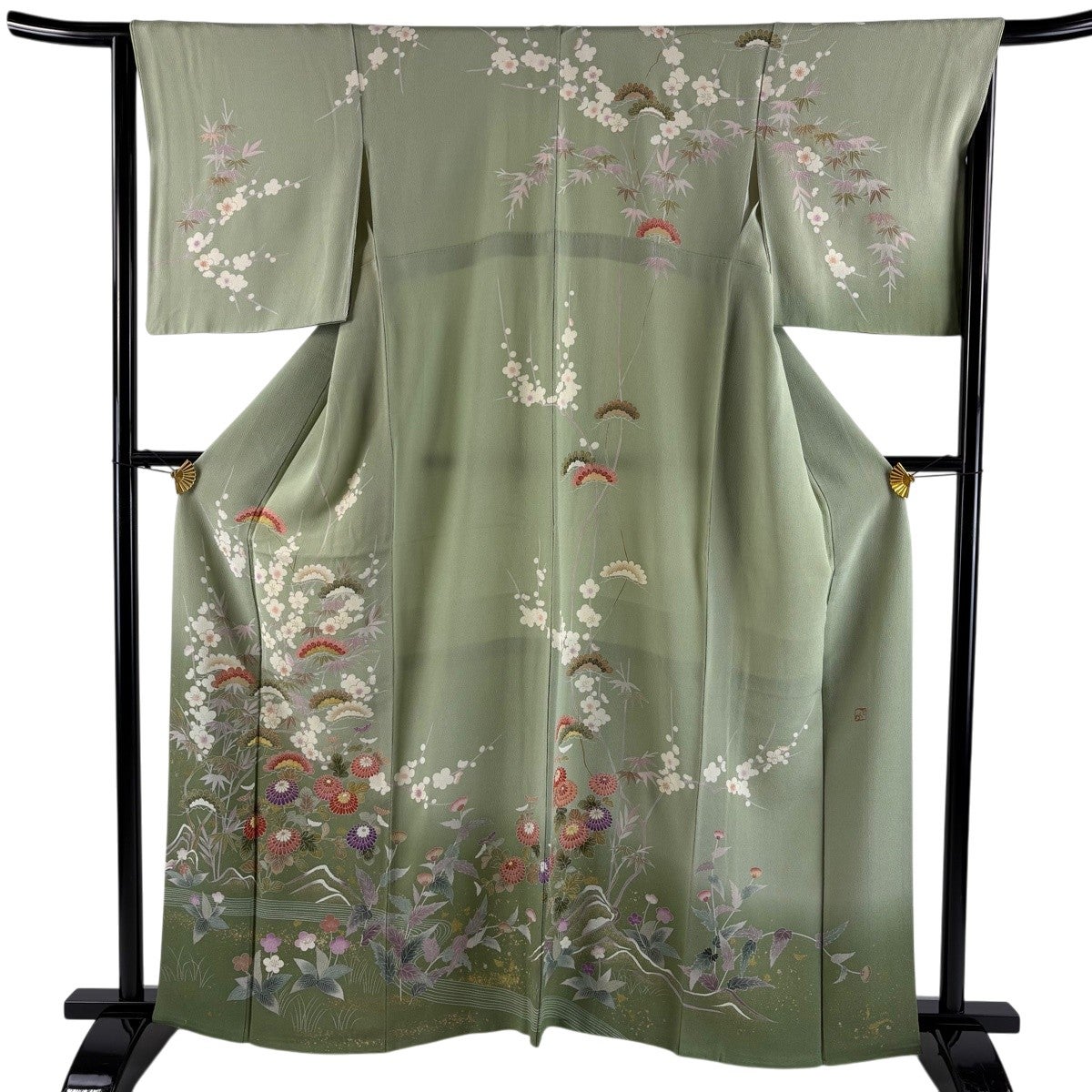 訪問着 身丈161.5cm 裄丈65cm M 袷 落款あり 菊 波 薄緑 正絹 名品