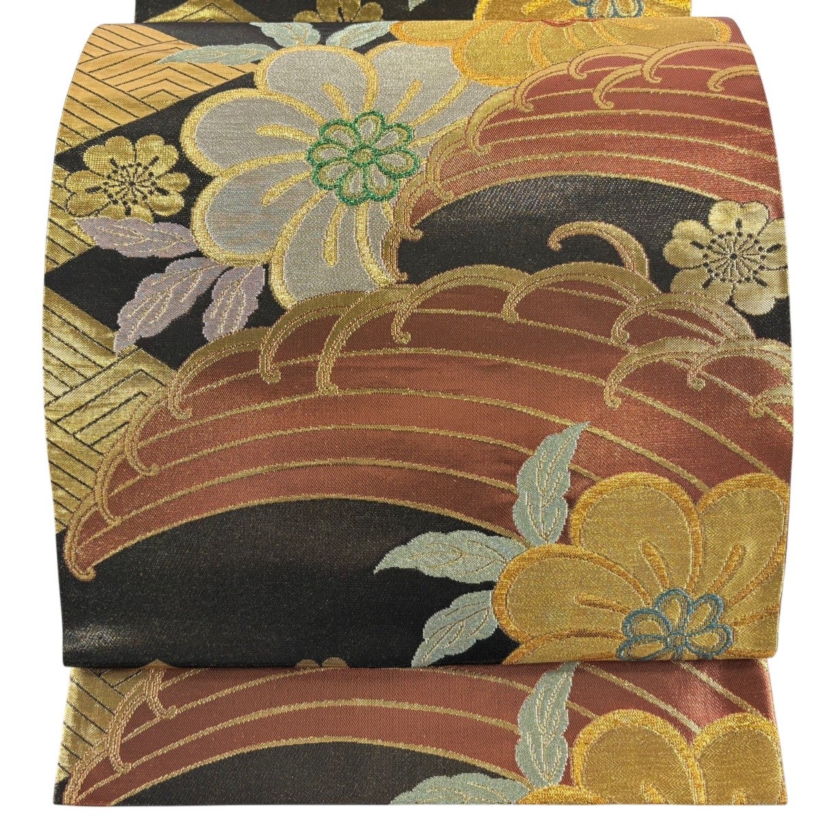 美品】 袋帯 秀品 草花 霞 金糸 箔 金色 お太鼓柄 正絹｜中古・古着