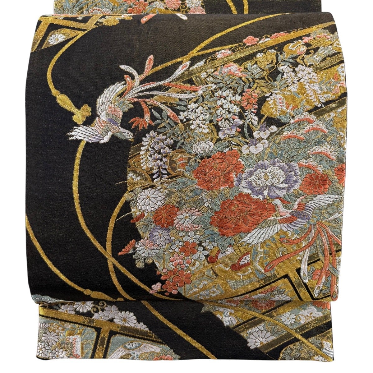 袋帯 唐織 向かい鳥 蝶々 花唐草模様 金糸 金色 O-5855 美品】 袋帯 秀品 香貴錦 華文 向かい鳥 唐織 金糸 金色 六通 正絹