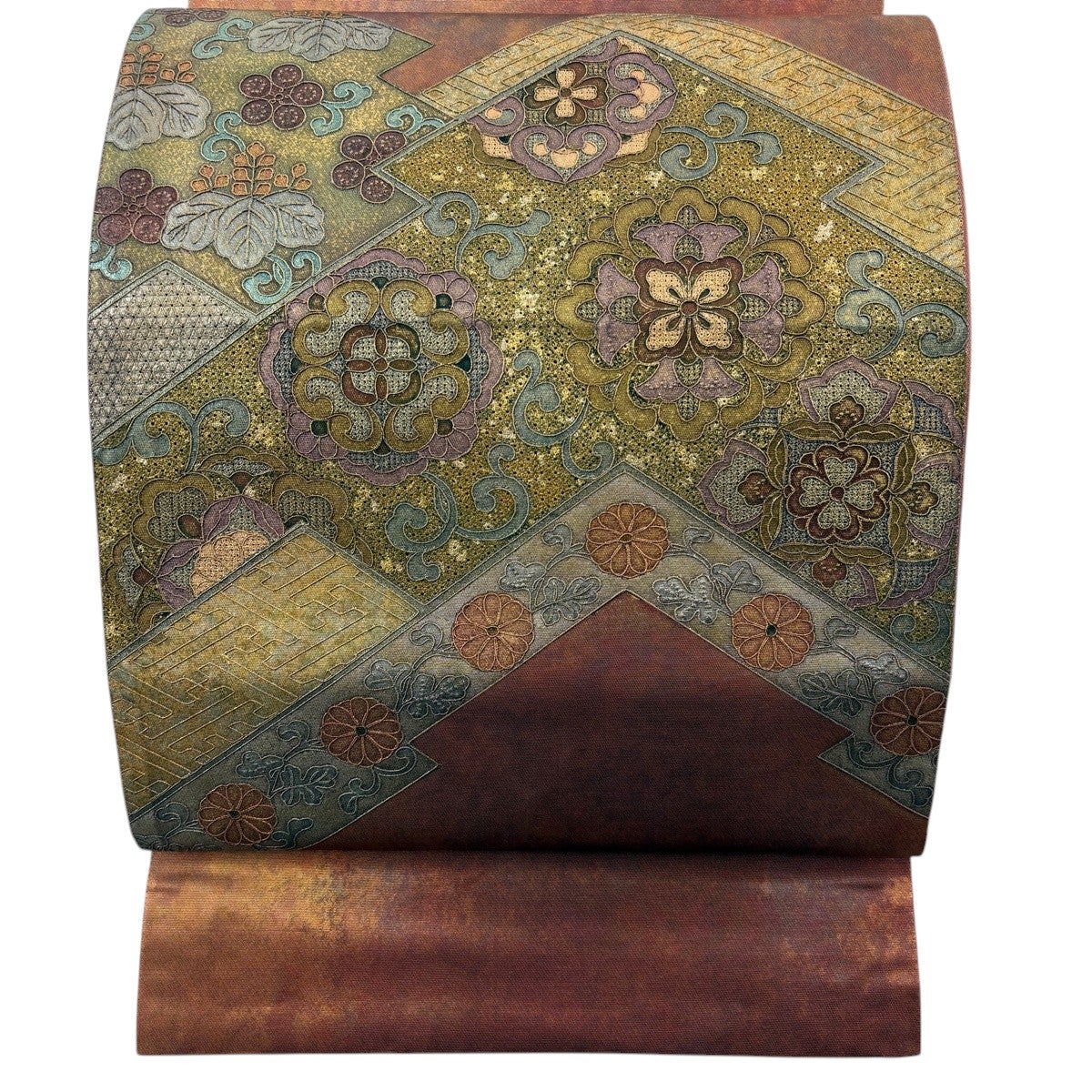 袋帯 秀品 草花 桐 金彩 サーモンピンク お太鼓柄 正絹｜中古・古着