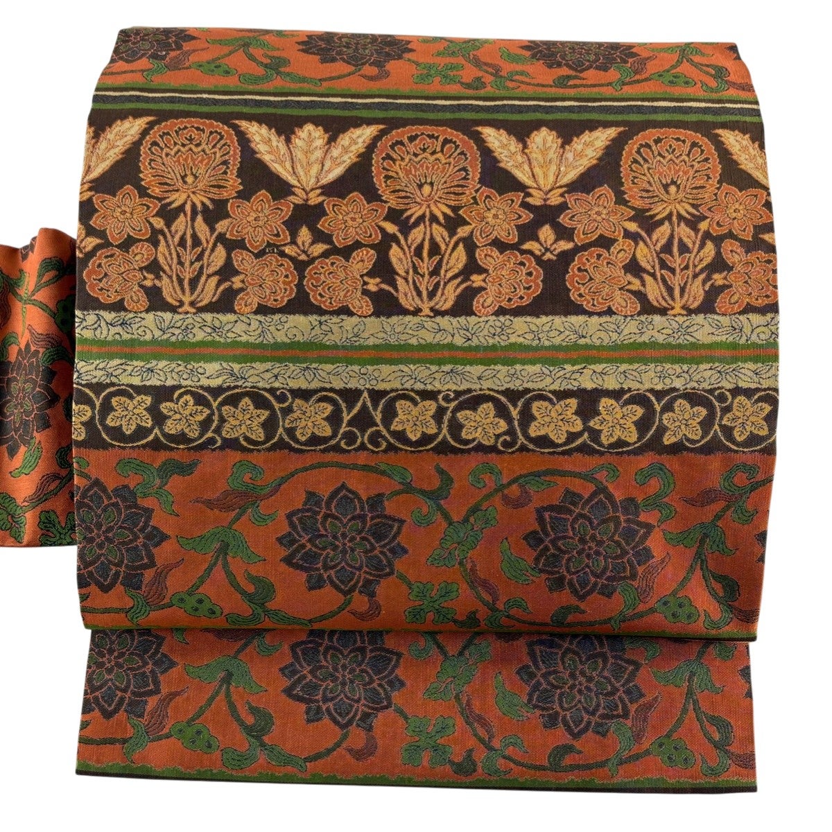 美品】 名古屋帯 優品 落款あり 萬葉 花唐草 縞 焦茶色 正絹｜中古