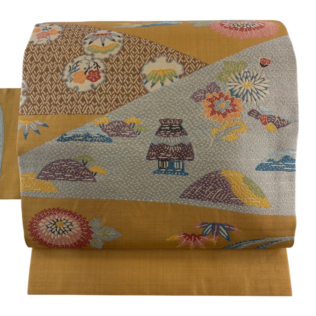 美品】 名古屋帯 優品 松竹梅 雪輪 切嵌 からし色 正絹｜中古・古着