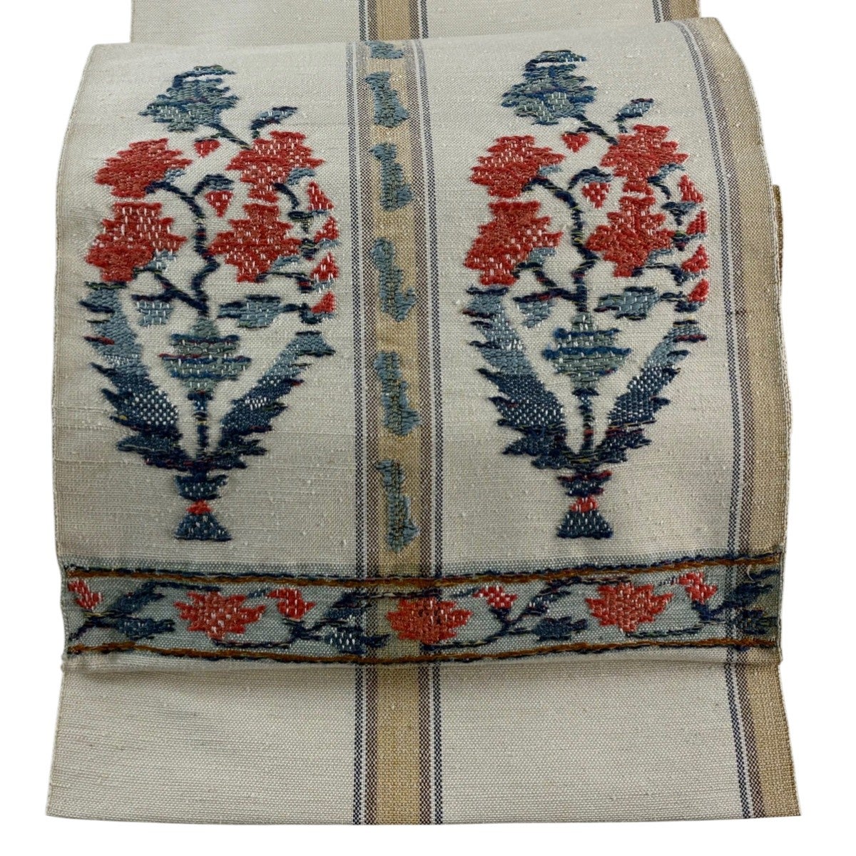 美品】 名古屋帯 優品 松葉仕立て 八寸名古屋帯 紬地 草花 縞 クリーム