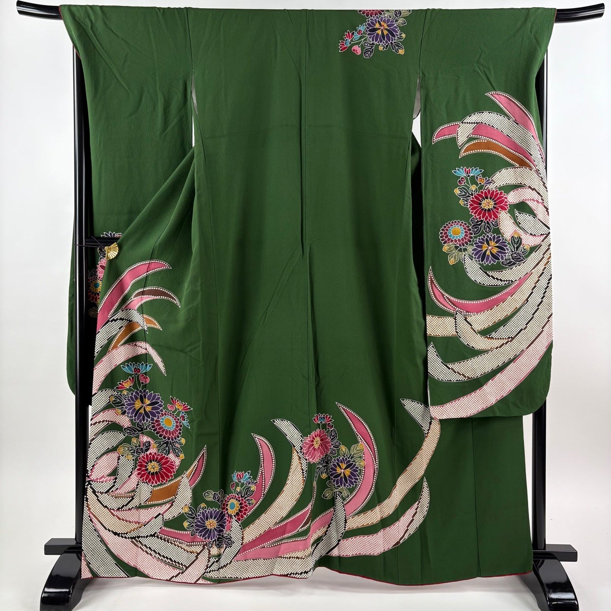 振袖 身丈165cm 裄丈70cm L 袷 菊 深緑 正絹 名品｜中古・古着